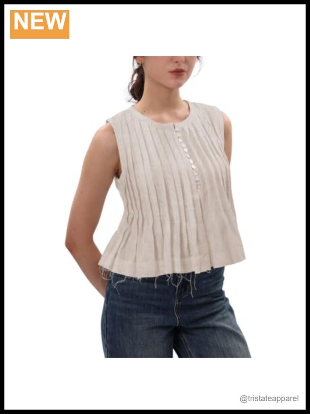 Women's 100% Linen Pleated Tank Top Sleeveless Cropped Summer Top